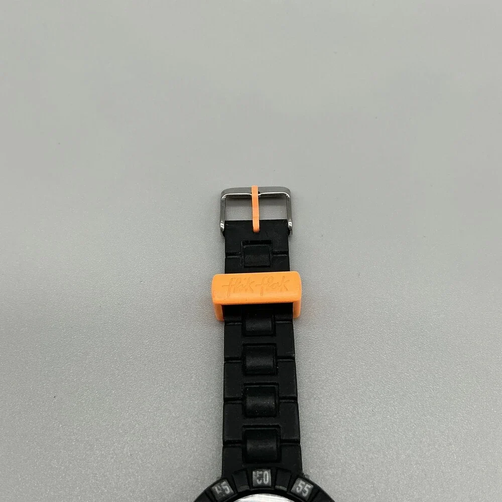 Flik Flak ID43 Boys Watch 34mm Black Orange Dial Rubber Swiss New Battery